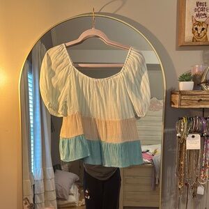 Blu Pepper Cream and Green Puff Sleeve Ruffled Blouse